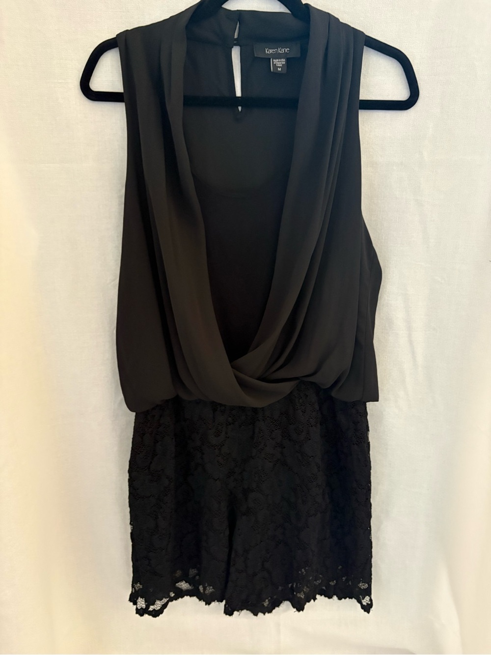 Karen Kane Black Lace Romper with Draped V-Neck Size Medium